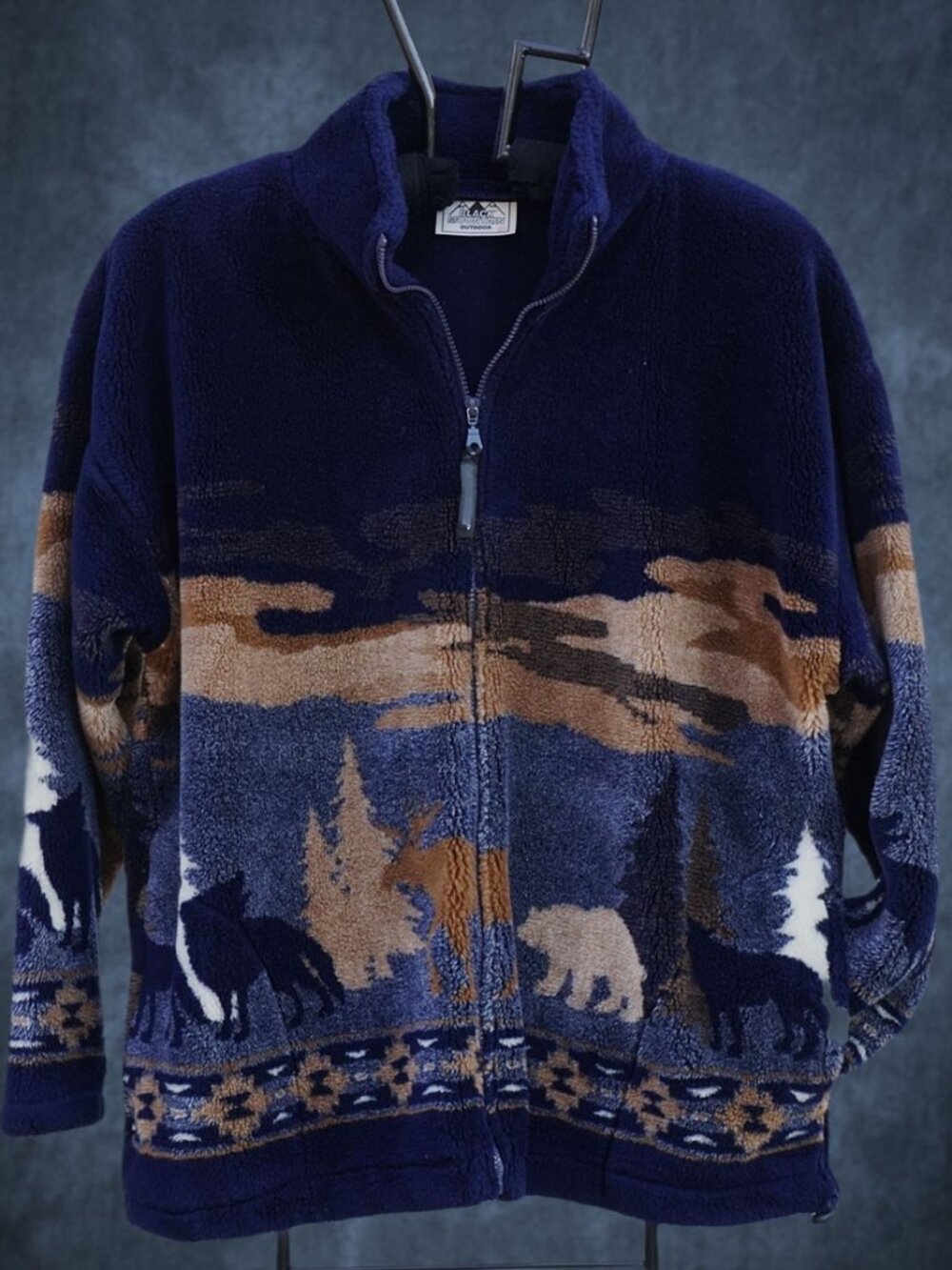 Vintage Black Mountain Outdoor Fleece Jacket XL Wolves Bear Moose Full Zip